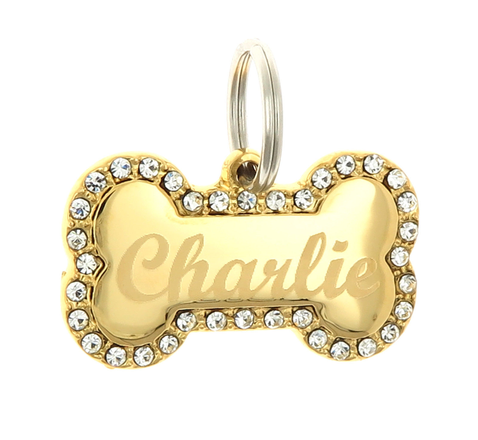 Custom Engraved Personalized Gold Bone Shape w/ CZ Dog Metal Tag Pet ID Name