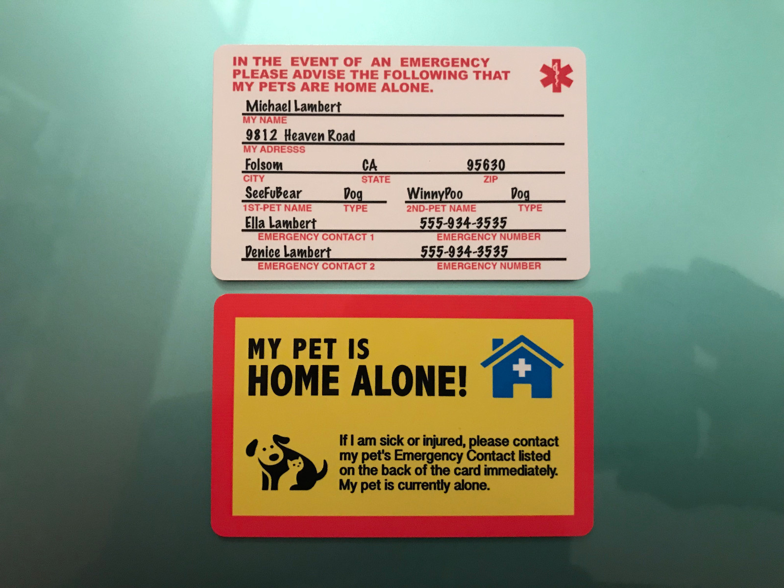 MY DOG IS HOME ALONE – EMERGENCY DOG CAT PET ID WALLET CARD – YELLOW/WHITE