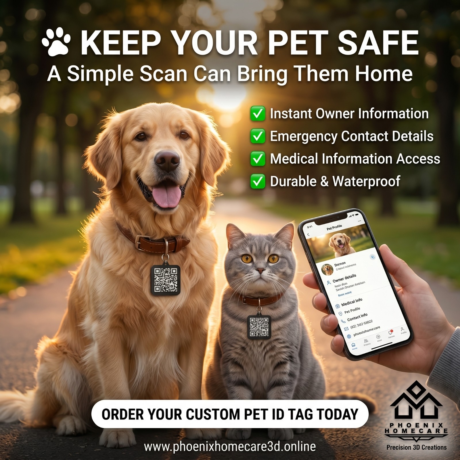 Custom QR Pet ID Tag Personalized Dog Cat Collar Tag Emergency Contact QR Code