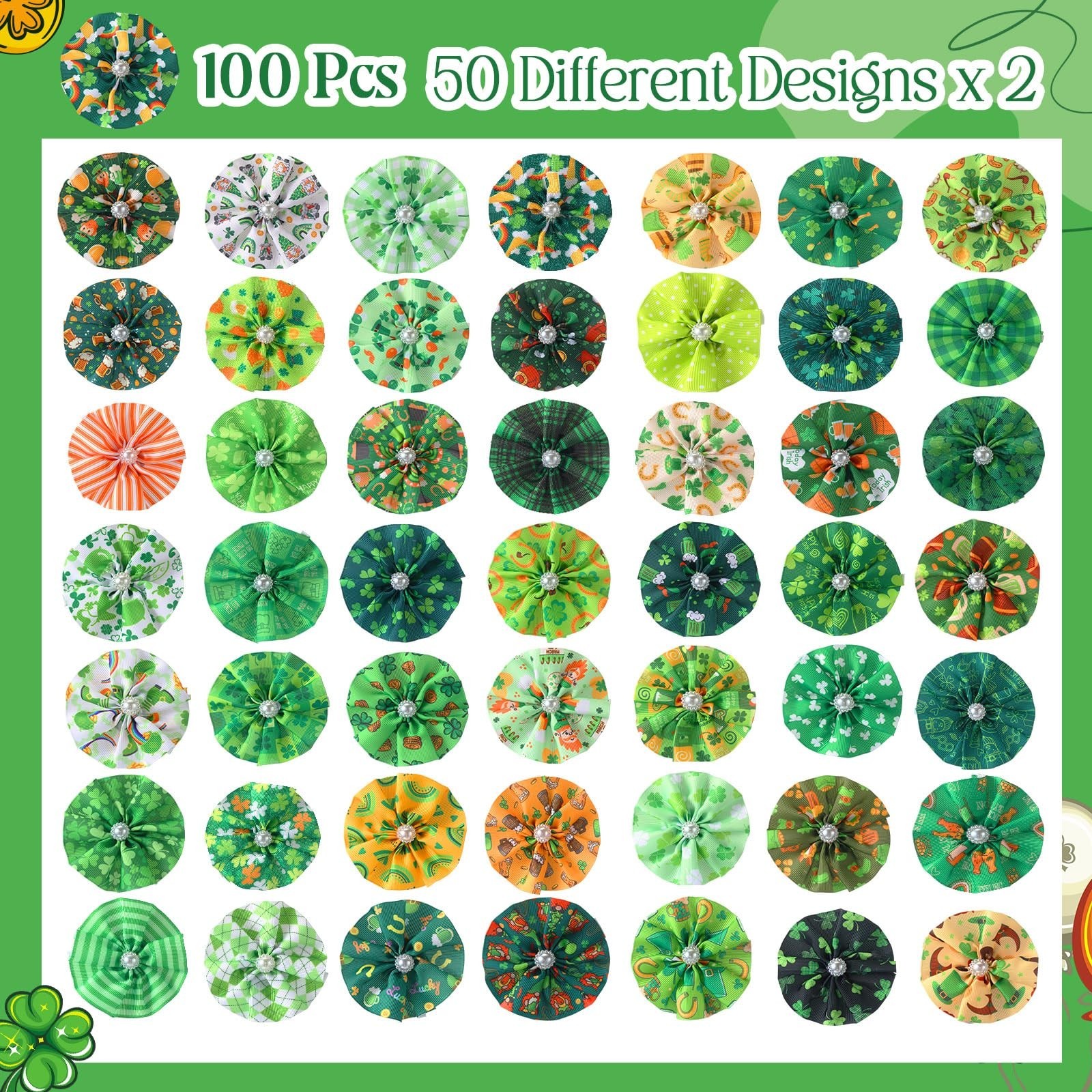 Sweetude 100 Pcs St. Patrick’s Day Dog Collar Flowers Charms Bulk Shamrock Pe…