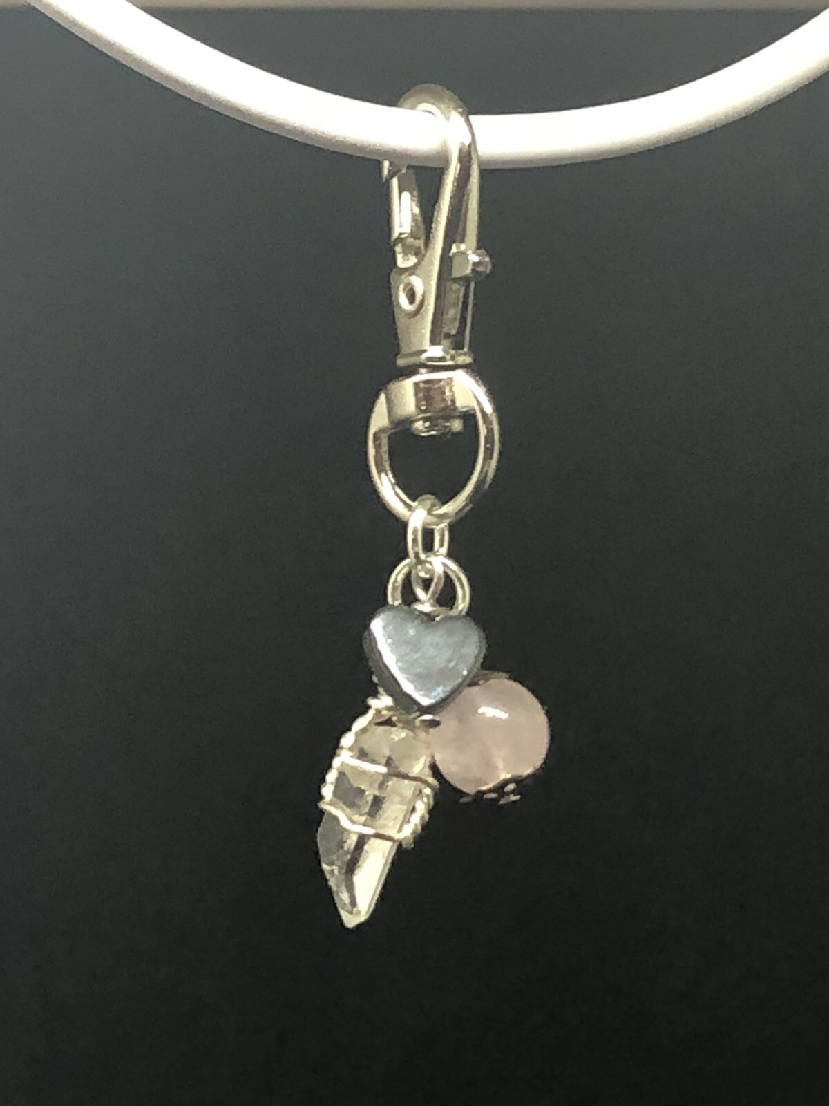 Rose Quartz & Clear Quartz Heart Healing Pet Charm, Crystal Pet Charm