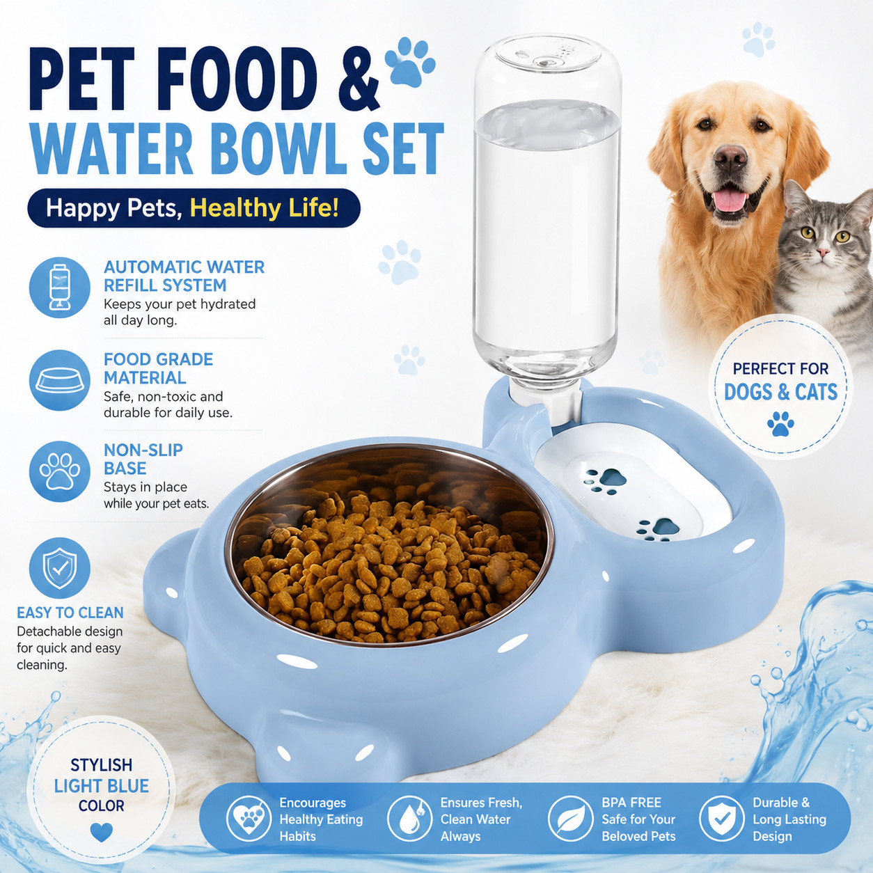 Dog & Cat Food and Water Bowl Set – Light Blue