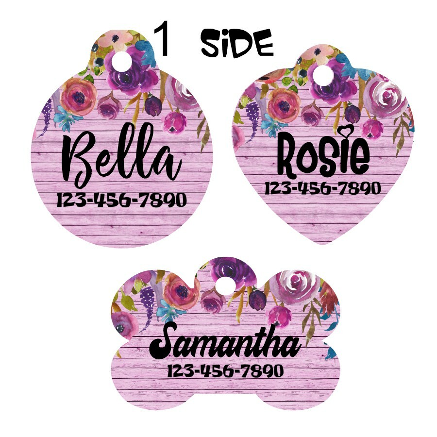 Pet ID Tag Floral Personalized Custom Double Sided Pet Tag w/name & number