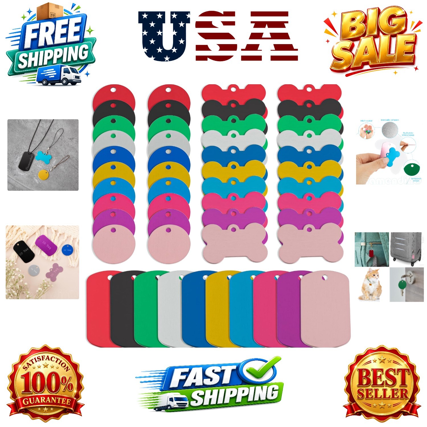 60 Pack Pet ID Tag Colorful Blank Double Sided Aluminum Charms for Dog Cat DI…