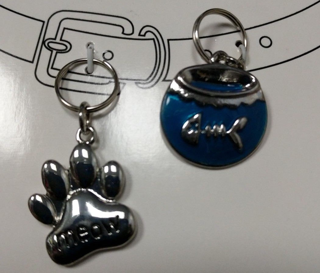 Pawsitively Spoiled Pet Collar Charm Cat Paw Meow + Blue Fish Bowl Animal Fun