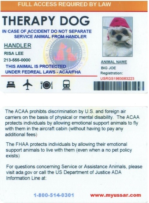Animal id Emotional Support Therapy w/registration with U.S. Registry New