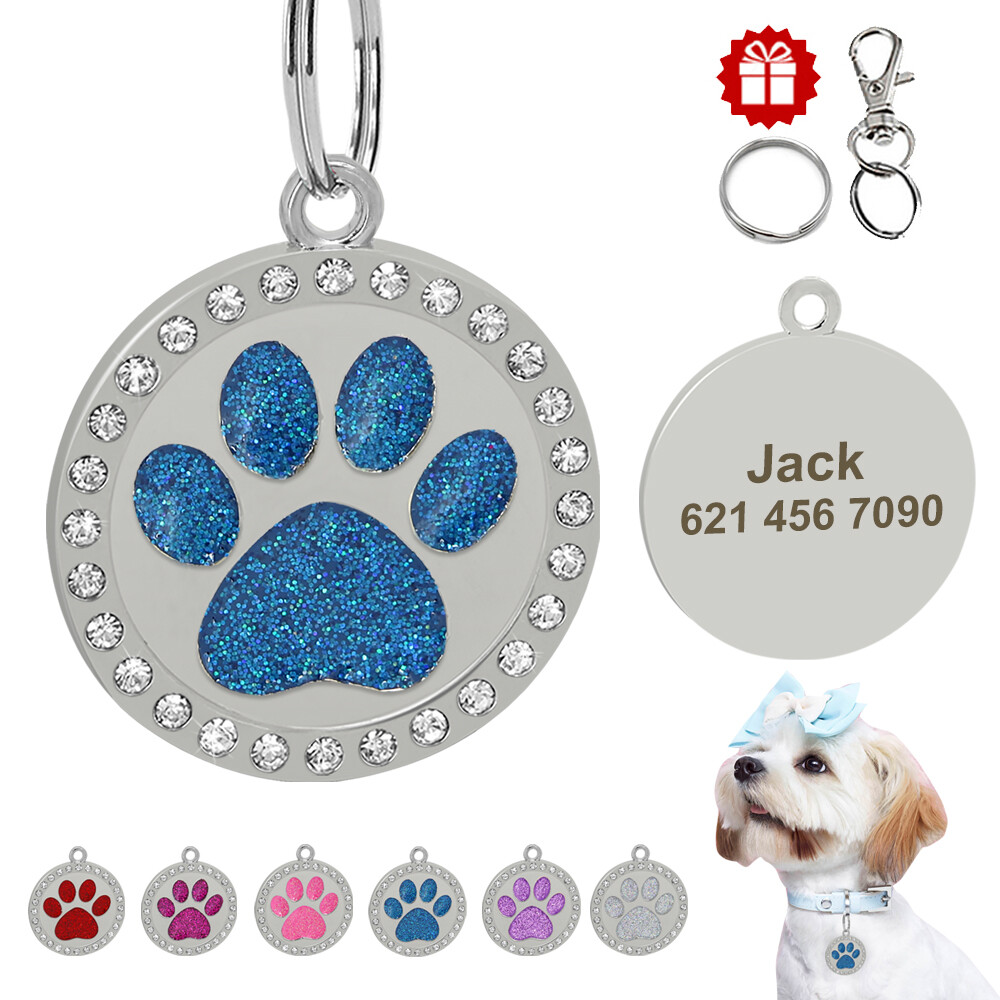 Personalized Dog Tags Engraved for Pets Bling Rhinestone Round Paw Print Cat ID