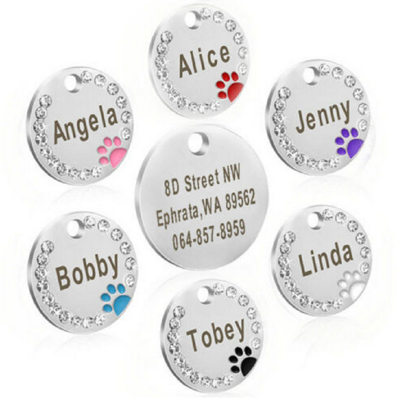 Paw Print Rhinestones Custom Laser Engraved Dog Cat Tag Personalized/Free Ring