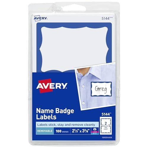 Avery Customizable Name Tags, 2-1/3″ x 3-3/8″, White Blue Border 100 badges
