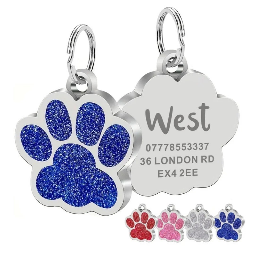 Custom Engraved Pet ID Tag Dog Cat Name Tag Glitter Paw Charm Waterproof