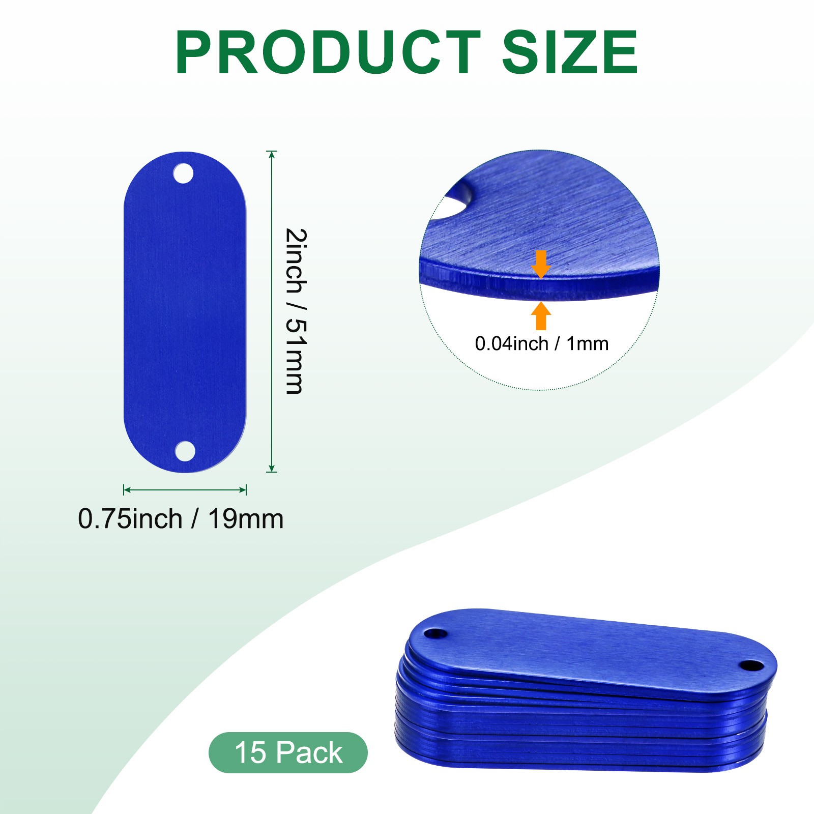 15-Pack 2″ x 0.75″ x 0.04″( L x W x T ) Blank Dog Tags [Blue, 2 Holes]