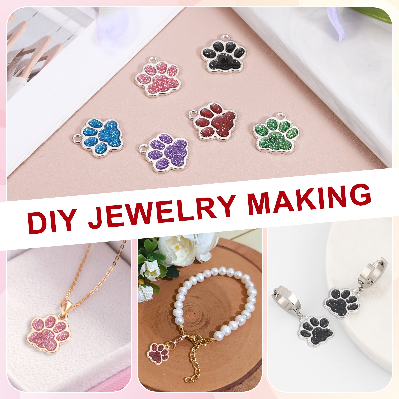 Enamel Paw Print Charms with Glitter Powder, 50Pcs(Silver Tone/Blue)