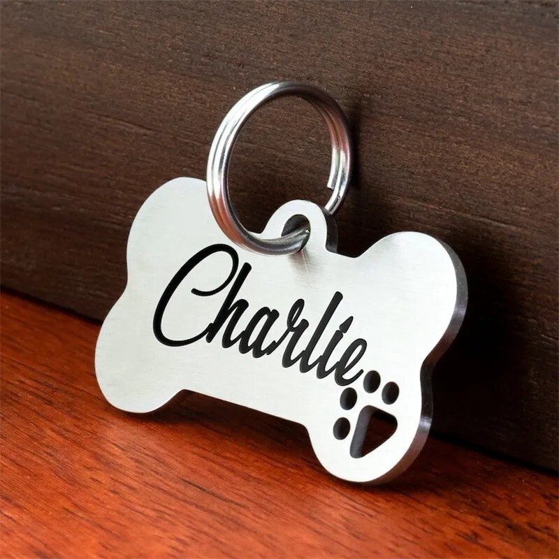 Custom Engraved Pet ID Tag for Dogs Cats Bone Shape Stainless Steel Collar Tag