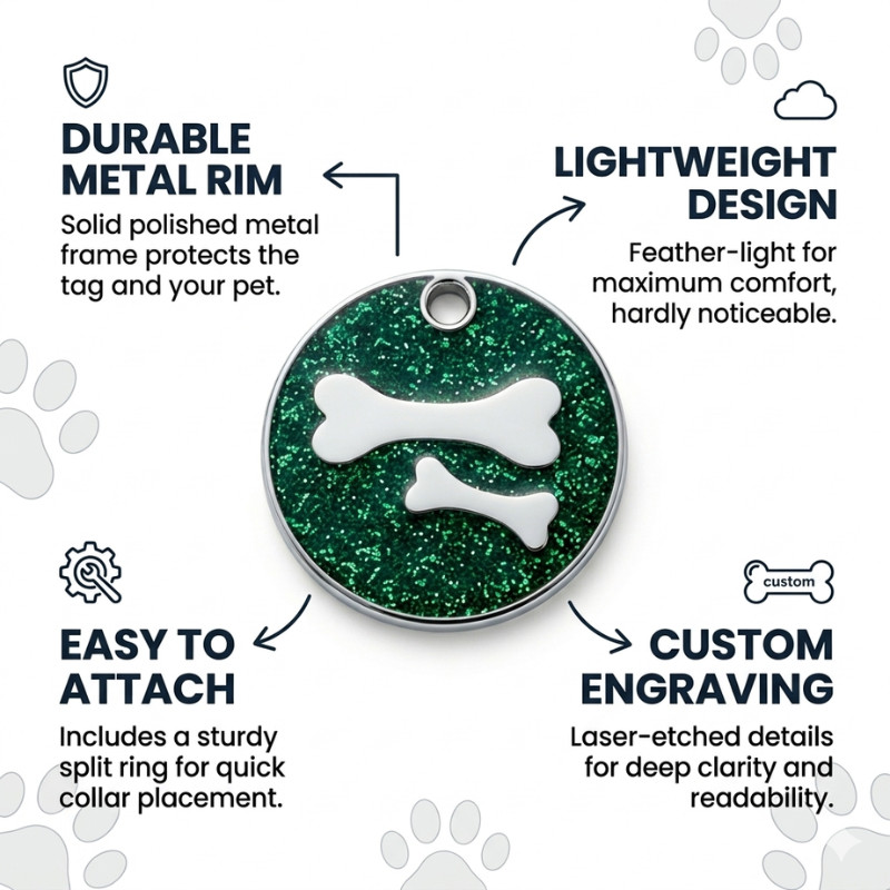 Personalized Pet ID Tag, Dog Tag, Cat Tag, Glitter double Bone Round Pet ID Tag