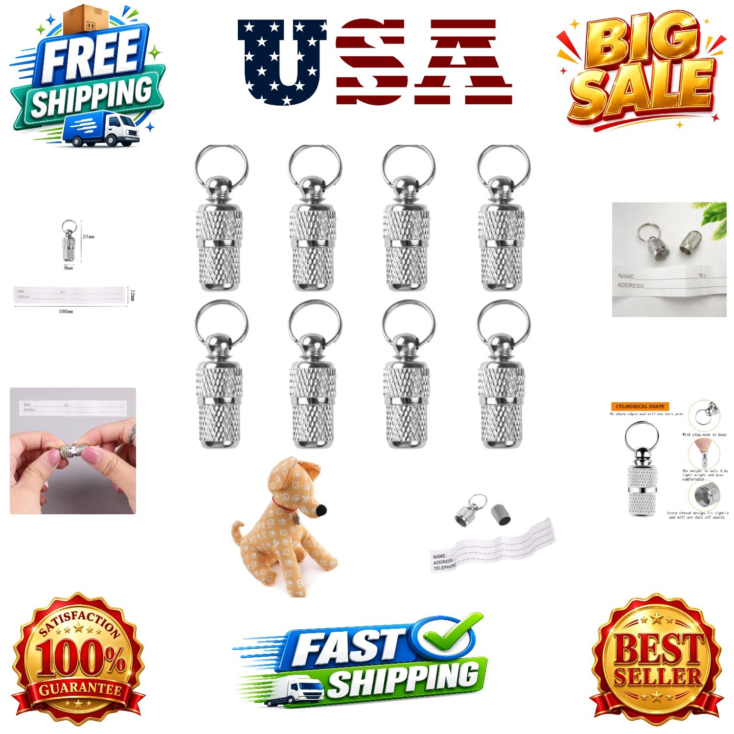 8 Pieces of Pet Identity Address Pendant, Anti-Lost Tag Tube, Pet Id Tag.