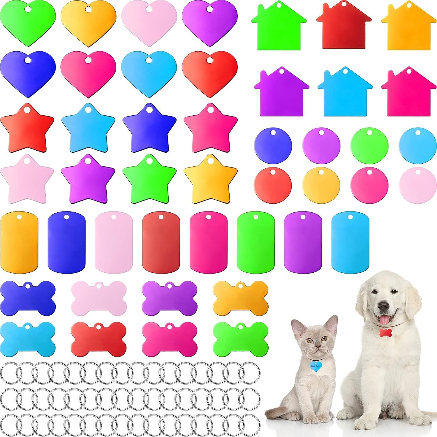 48 Pcs Blank Pet ID Tag Colorful Aluminum Dog Cat Badge Blank Round Heart Sta…
