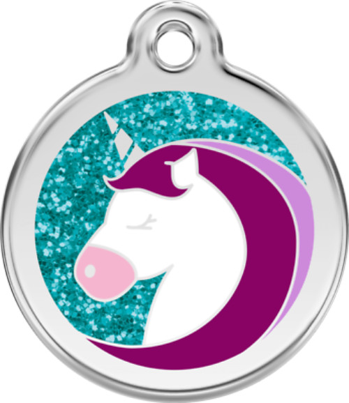 Unicorn Dog Cat Pet ID Tag Personalized Red Dingo – Lifetime Guarantee – Glitter