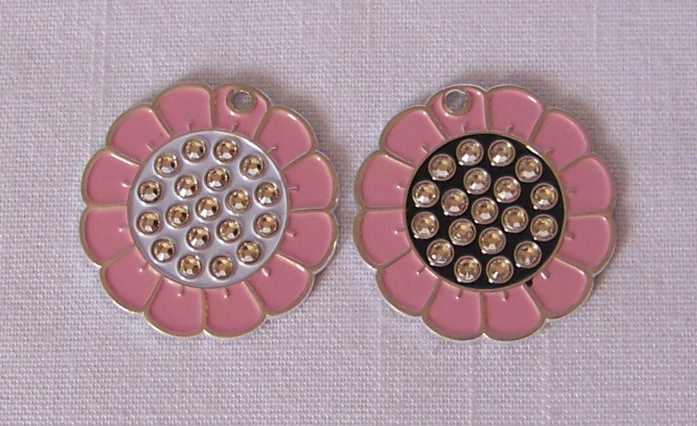 Flower Crystal ID TAG Pink Black White Rhinestone Cat/Dog/Pet