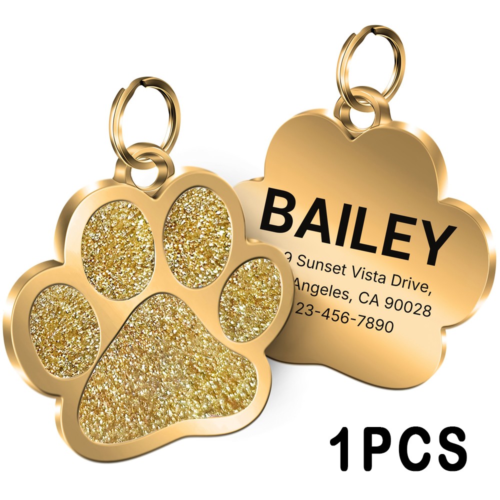 Custom Engraved Dog ID Tag Glitter Paw Print Personalized Pet Tag for Cat or Dog