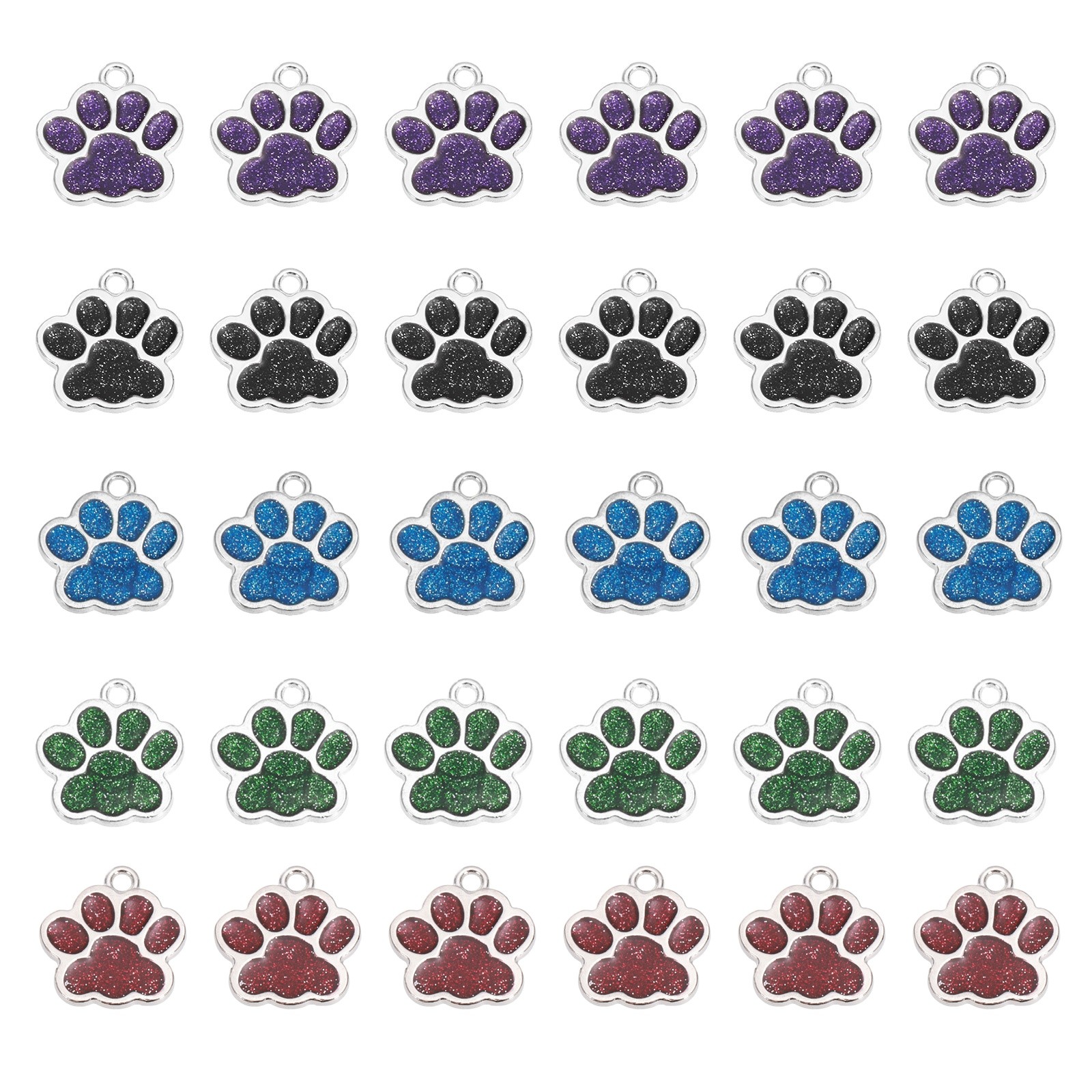 Glitter Enamel Paw Print Charms, 50Pcs(Silver Tone/Black/Purple/Blue/Green/Red)