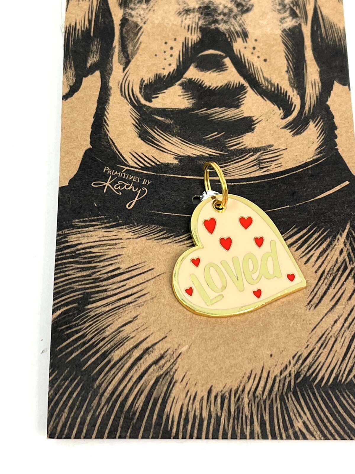 Dog Tag Heart Shaped with LOVE Metal Enamel Charm Primatives by Kathy