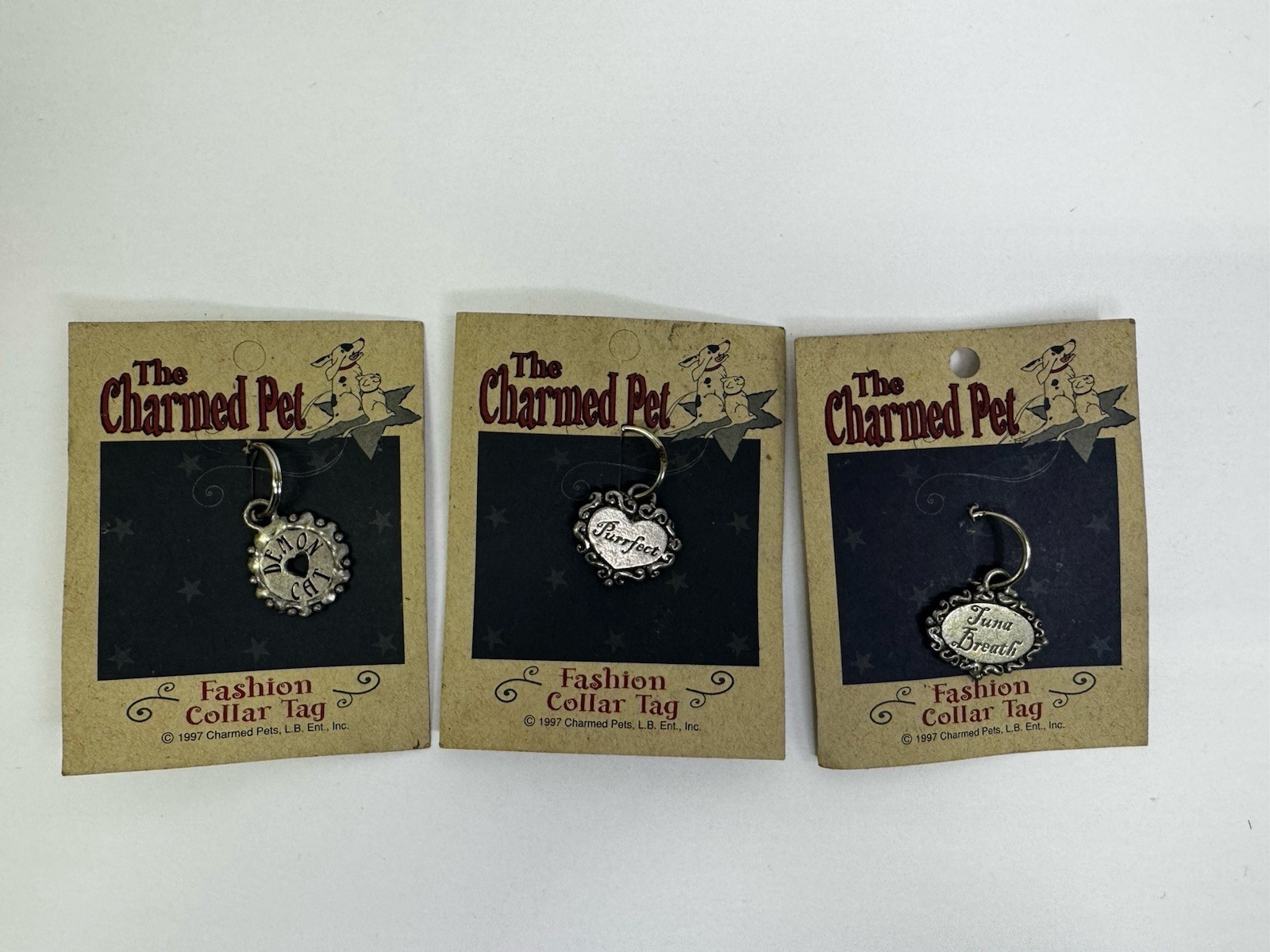 Vintage Dog Cat ID Tags Lot of 3 Pewter The Charmed Pet 1997 Collar Charms Pets