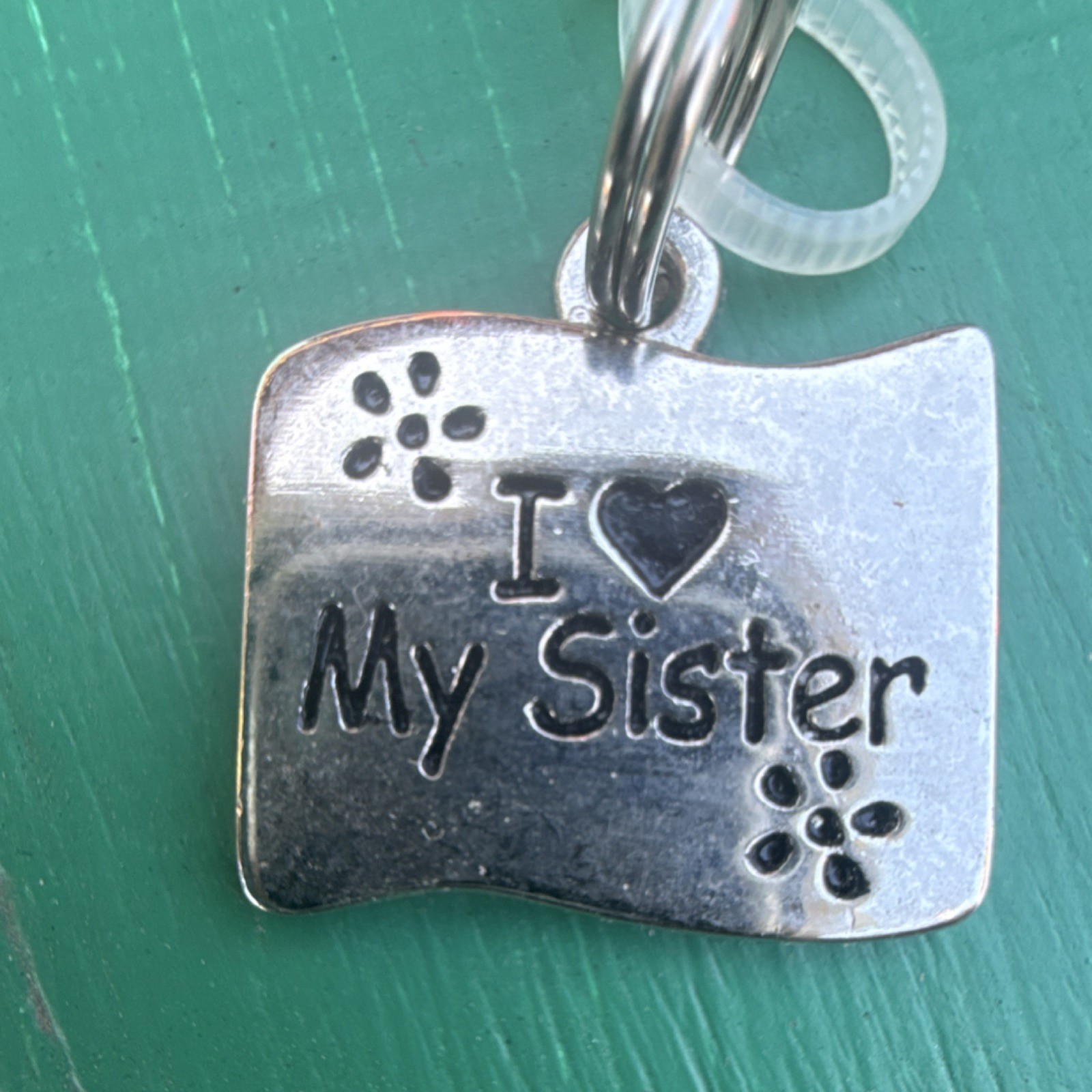 Silver Metal ‘I Love My Sister’ Dog Collar Charm with Paw Prints