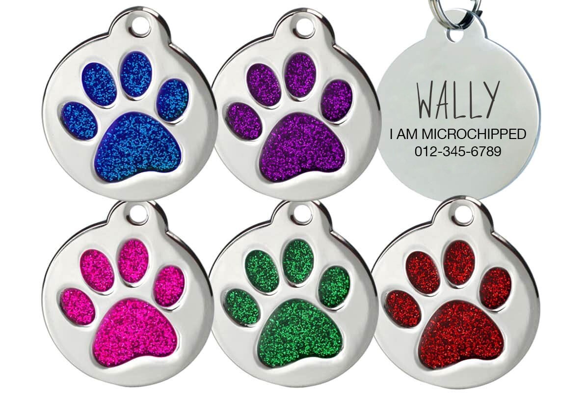 Personalized Glitter Paw Dog Tag, Cat ID | Engraved Pet Tag USA