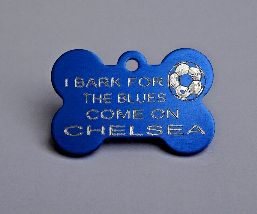 CHELSEA DOG TAG I BARK FOR THE BLUES PERSONALISED BLUE BONE TAG & 3D FOOTBALL