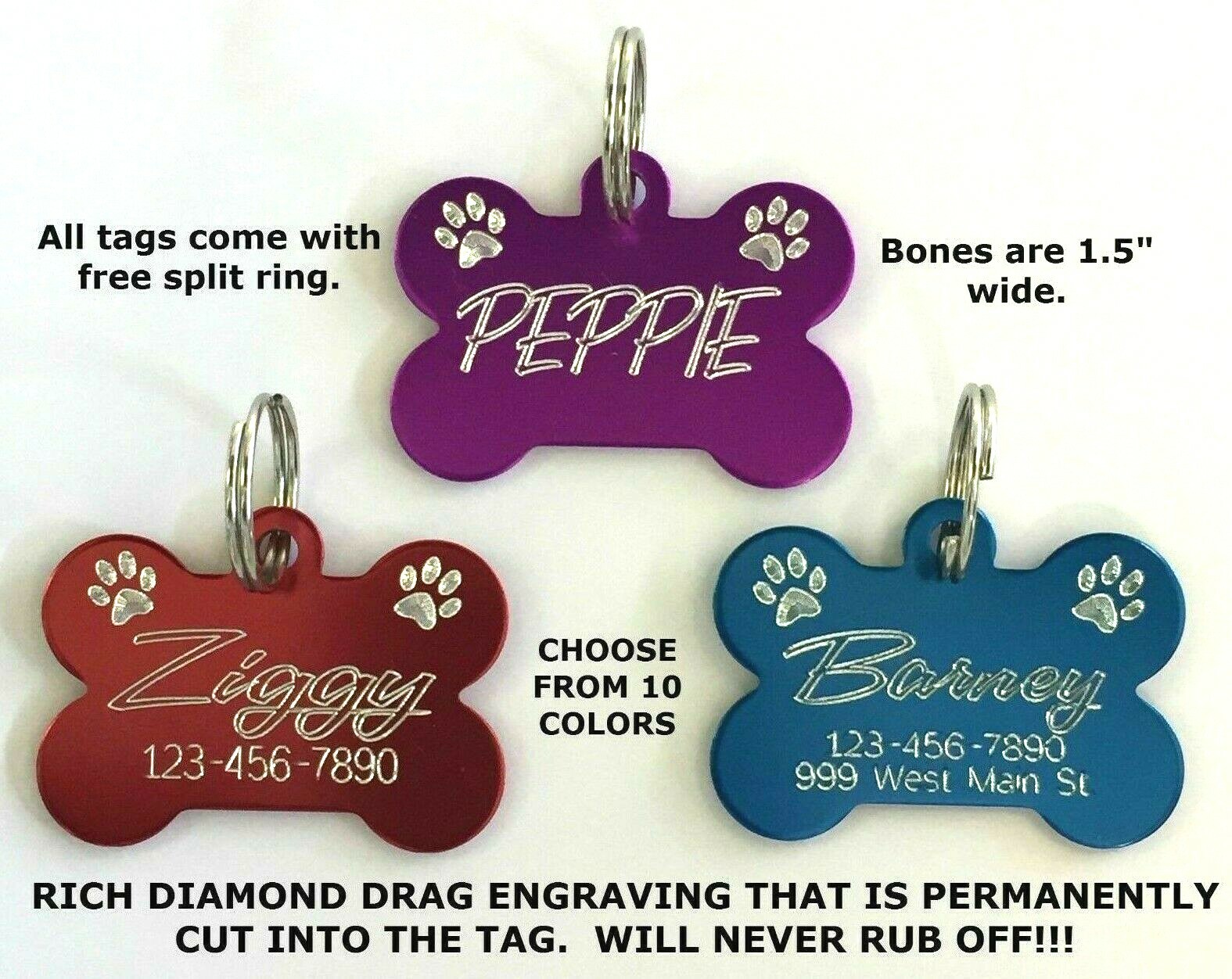 Custom Engraved Bone Paw Print Pet Tag Dog Cat ID Name Animal -10 COLORS PREMIUM