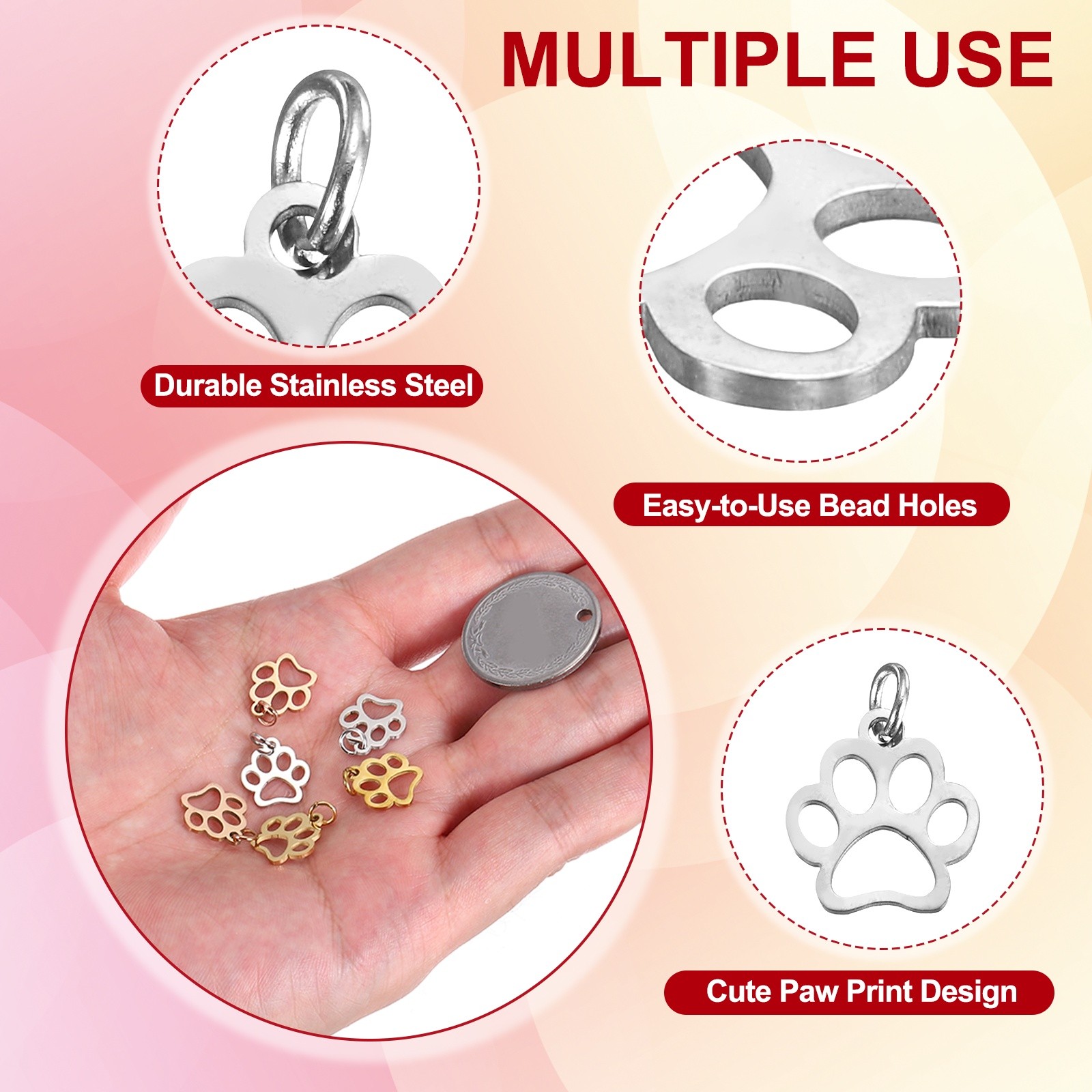 Dog Paw Print Charms 3mm 20Pcs, Cat Dog Paw Pendant Silver