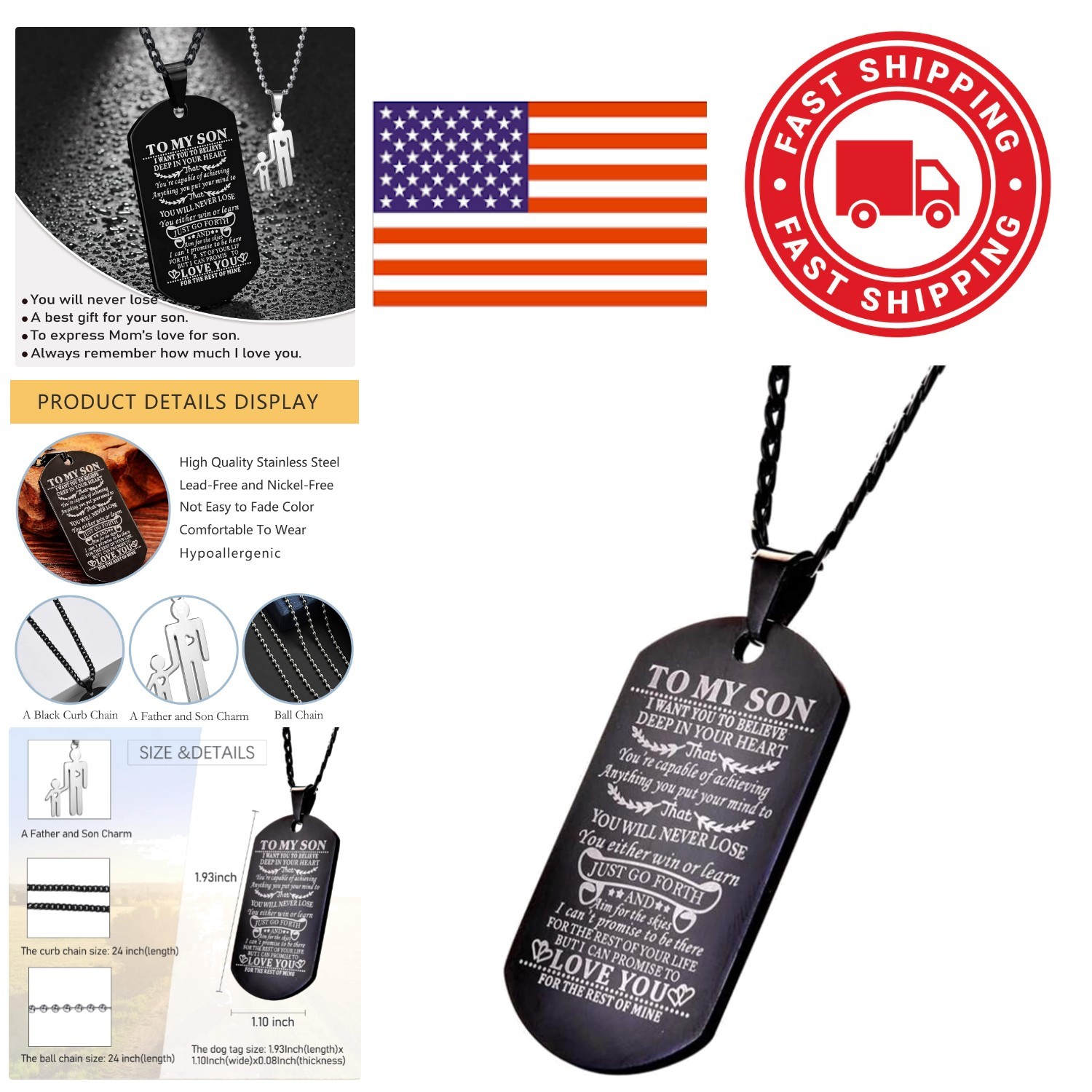 Durable Black Dog Tag Necklace for Men 20 Inch Curb Chain Comfortable Wear