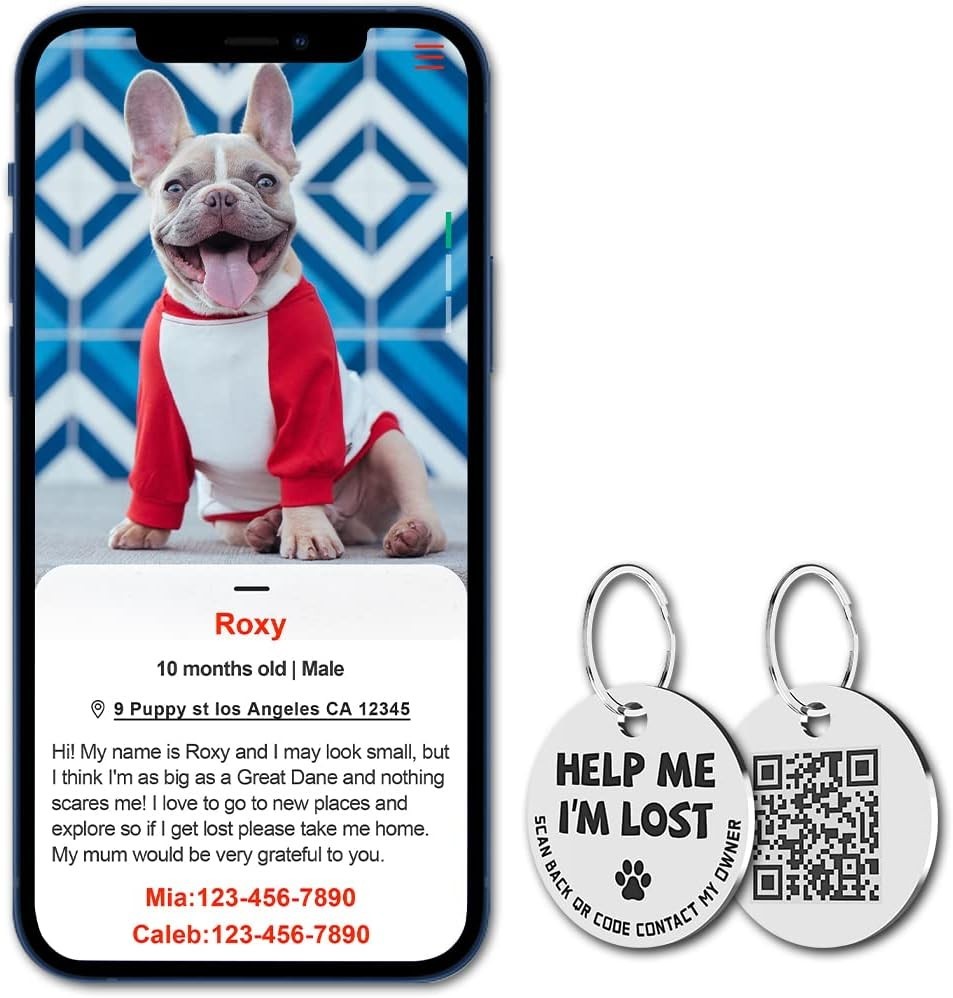 MYLUCKYTAG QR Code Stainless Steel Dog ID Tag, Dog Collar Tag with Engraved P