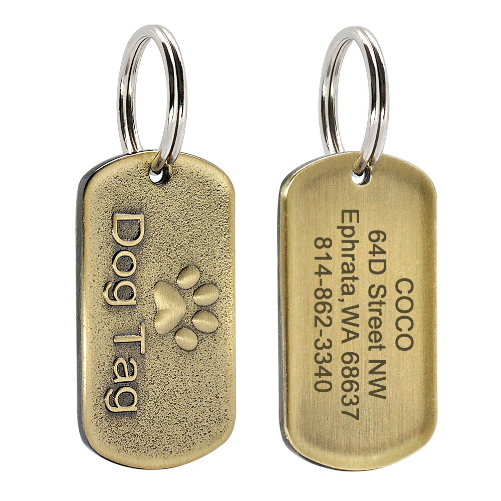 BRASS DOG TAGS RECTANGLE PERSONALIZED CUSTOM PET NAME ID ENGRAVED FOR COLLAR
