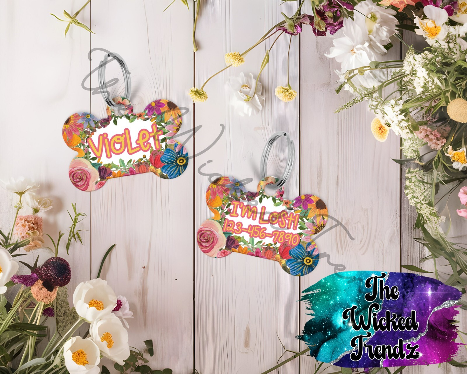 Spring Fall Floral Flowers Girl Dog Custom Personalized Pet Name ID Dog Tag