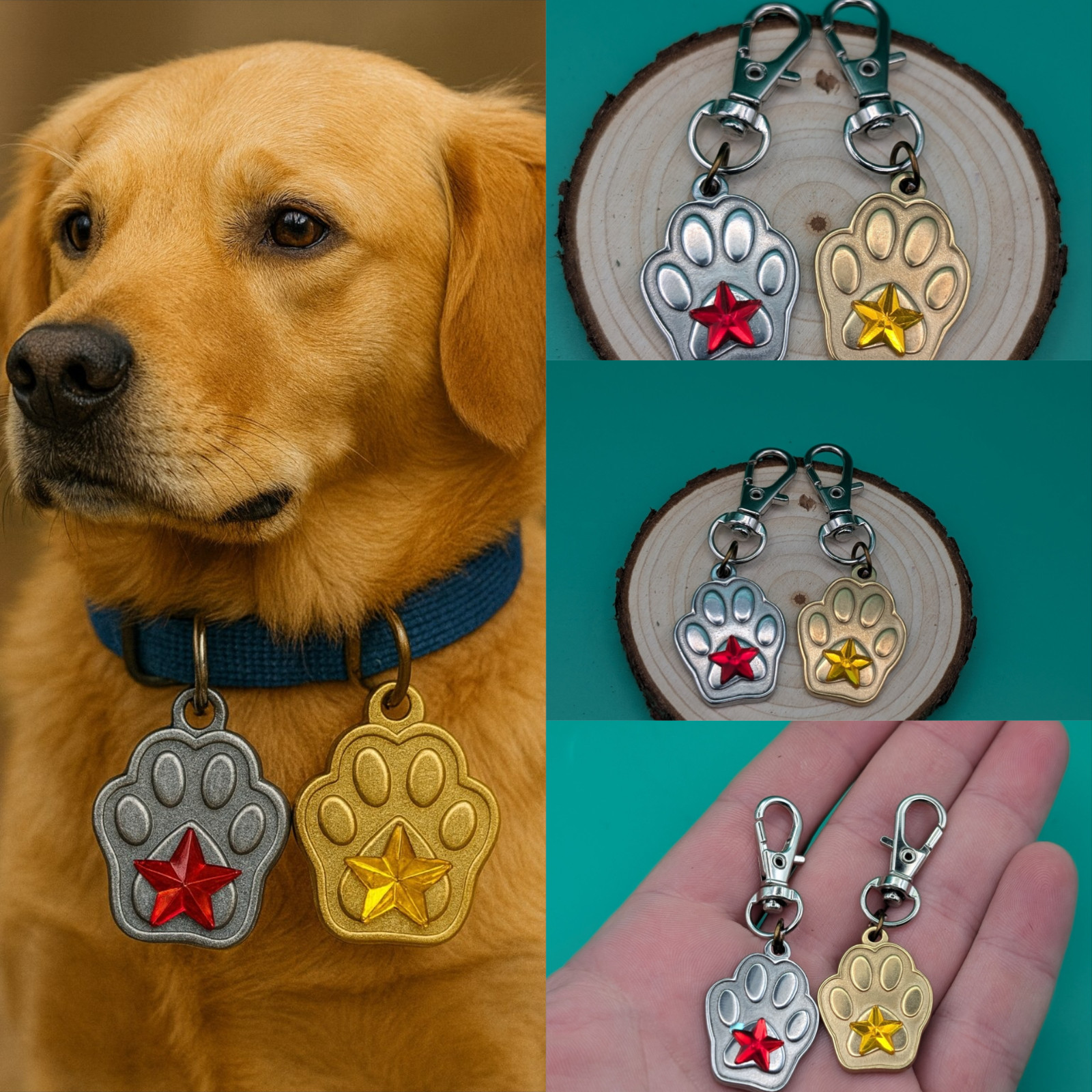 Gold Dog Paw Charm for Collar or Keychain, Custom Dog Tag with Acrylic