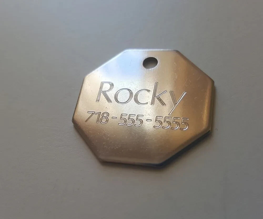 PET TAG STAINLESS STEEL OCTAGON 1 INCH CUSTOM ID TAG 2 SIDE DIAMOND ENGRAVED DOG