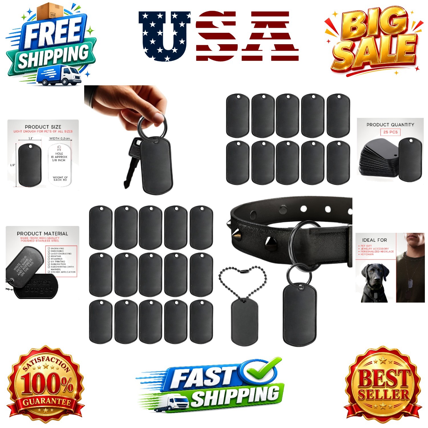 25 PCS Stainless Steel Dog Tags – Black Engravable Dog Tags Military Blanks f…