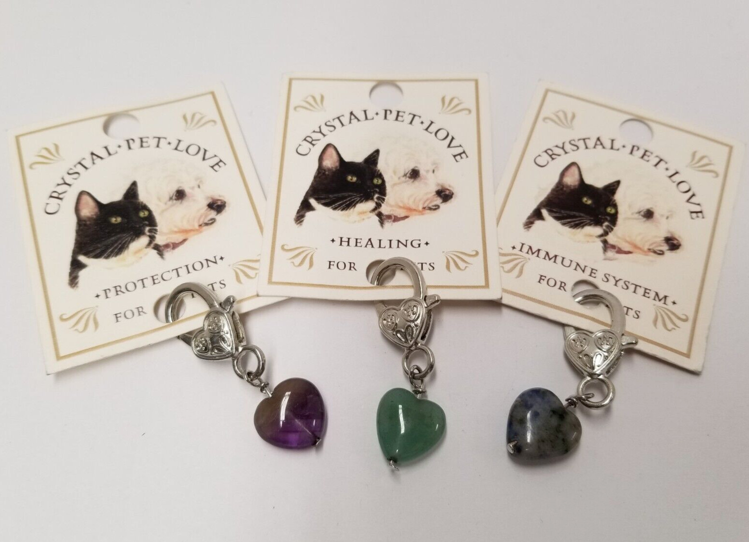 Sodalite, Amethyst, & Green Aventurine Crystal Heart Pet Collar Charms (3 Pack)