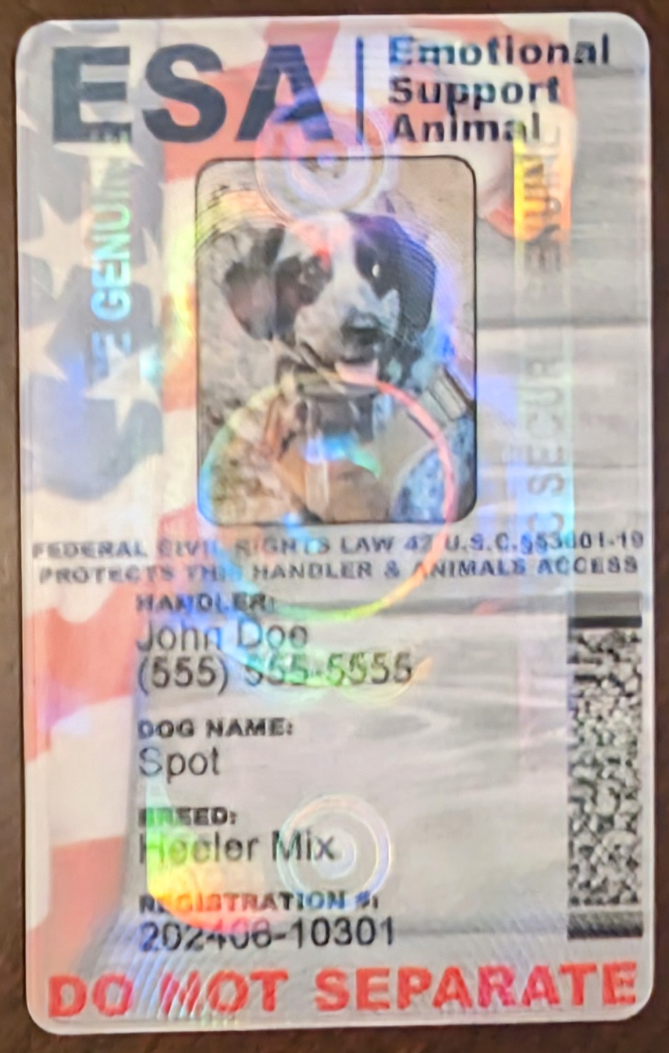 HOLOGRAPHIC EMOTIONAL SUPPORT ANIMAL ID ESA PHYSICAL & DIGITAL