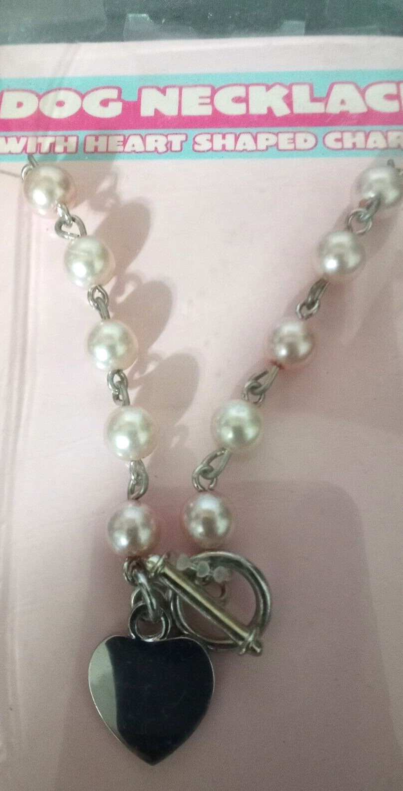 Dog Necklace toggle clasp heart tag new in box silver tone fake pearls 12″ 2004