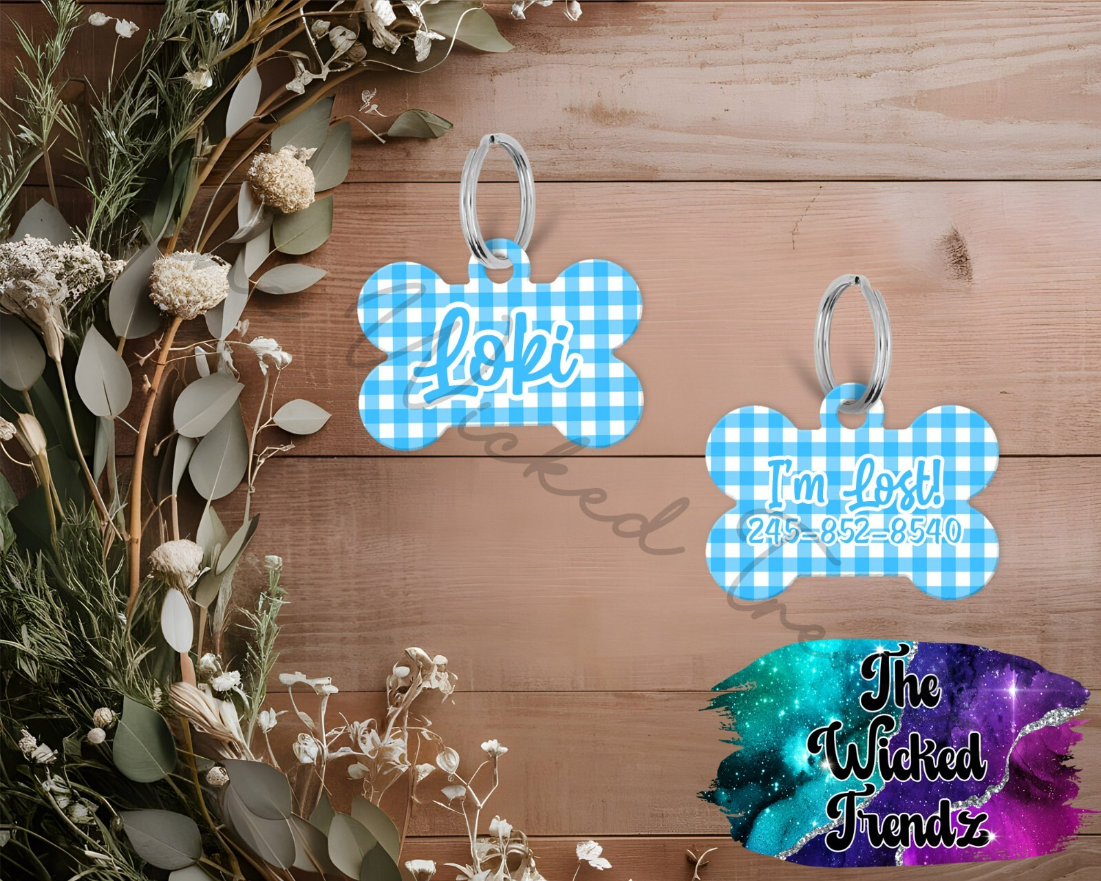 Gingham Pattern Blue Pink Yellow Custom Personalized Pet Name ID Dog Tag Number