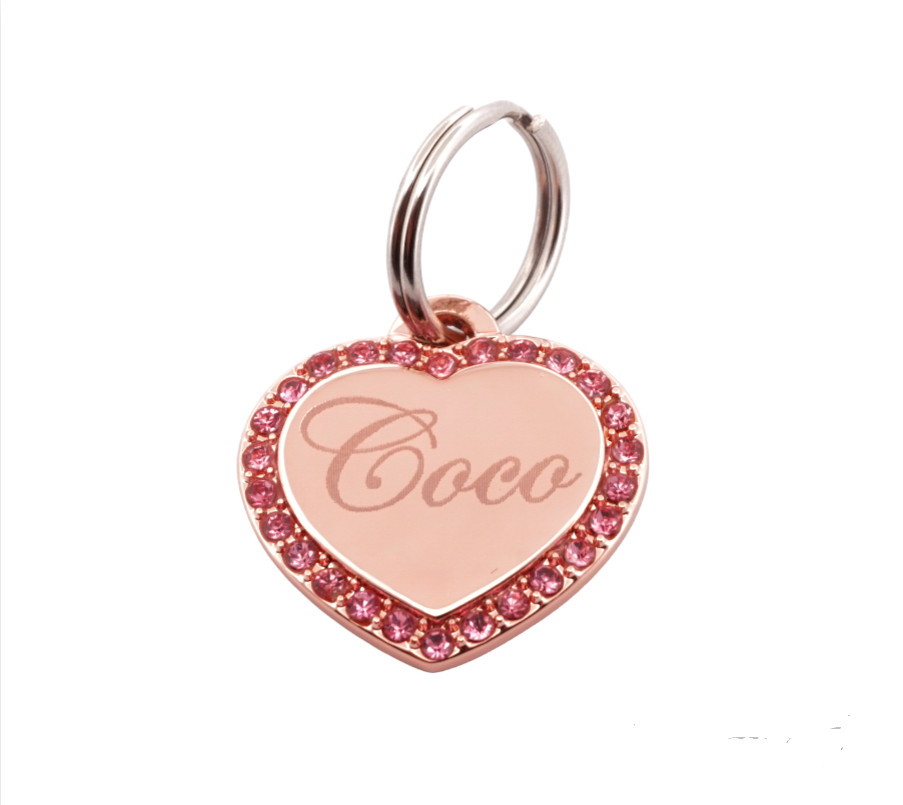 Custom Engraved Rose Gold Plated Small Heart w/Pink Stones Dog Tag Pet ID Name