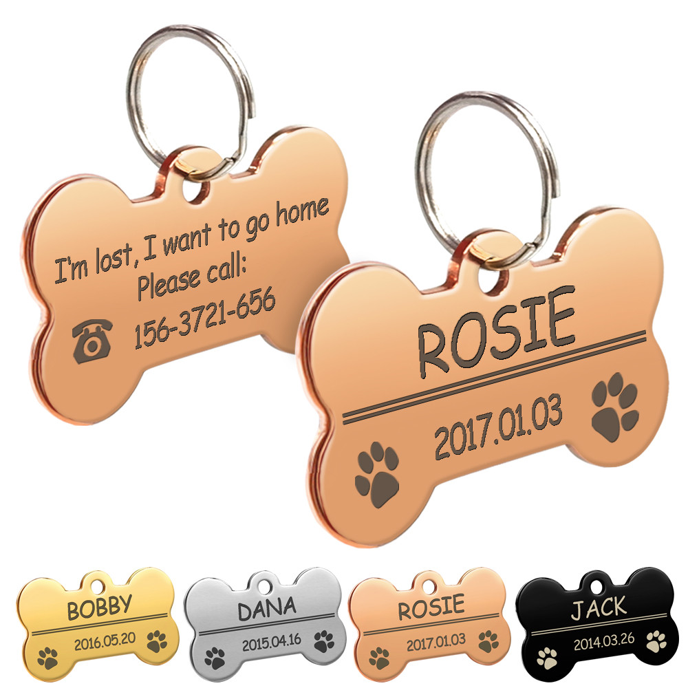 Personalized Dog Name Tags Cat Puppy Pet ID Collar Engraved Tag Bone Paw Glitter