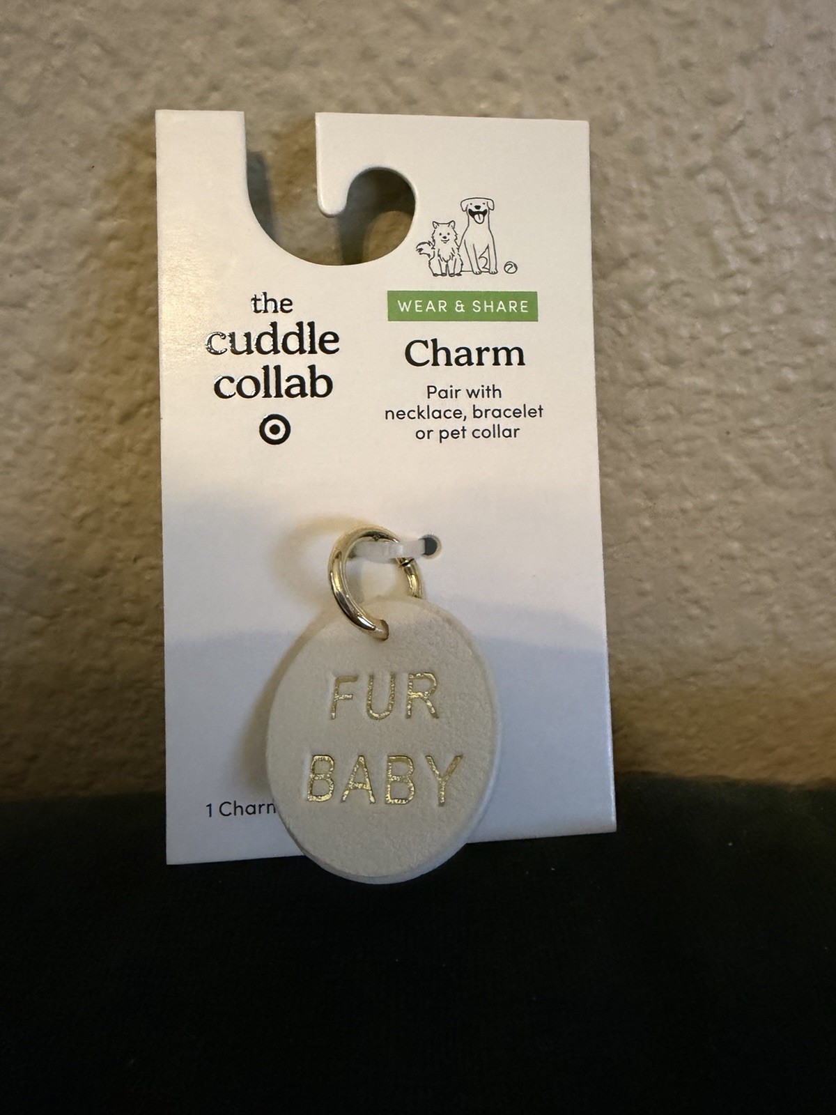 The Cuddle Collab Pet Charm; Gold Lettering Fur Baby, White Round Charm t2