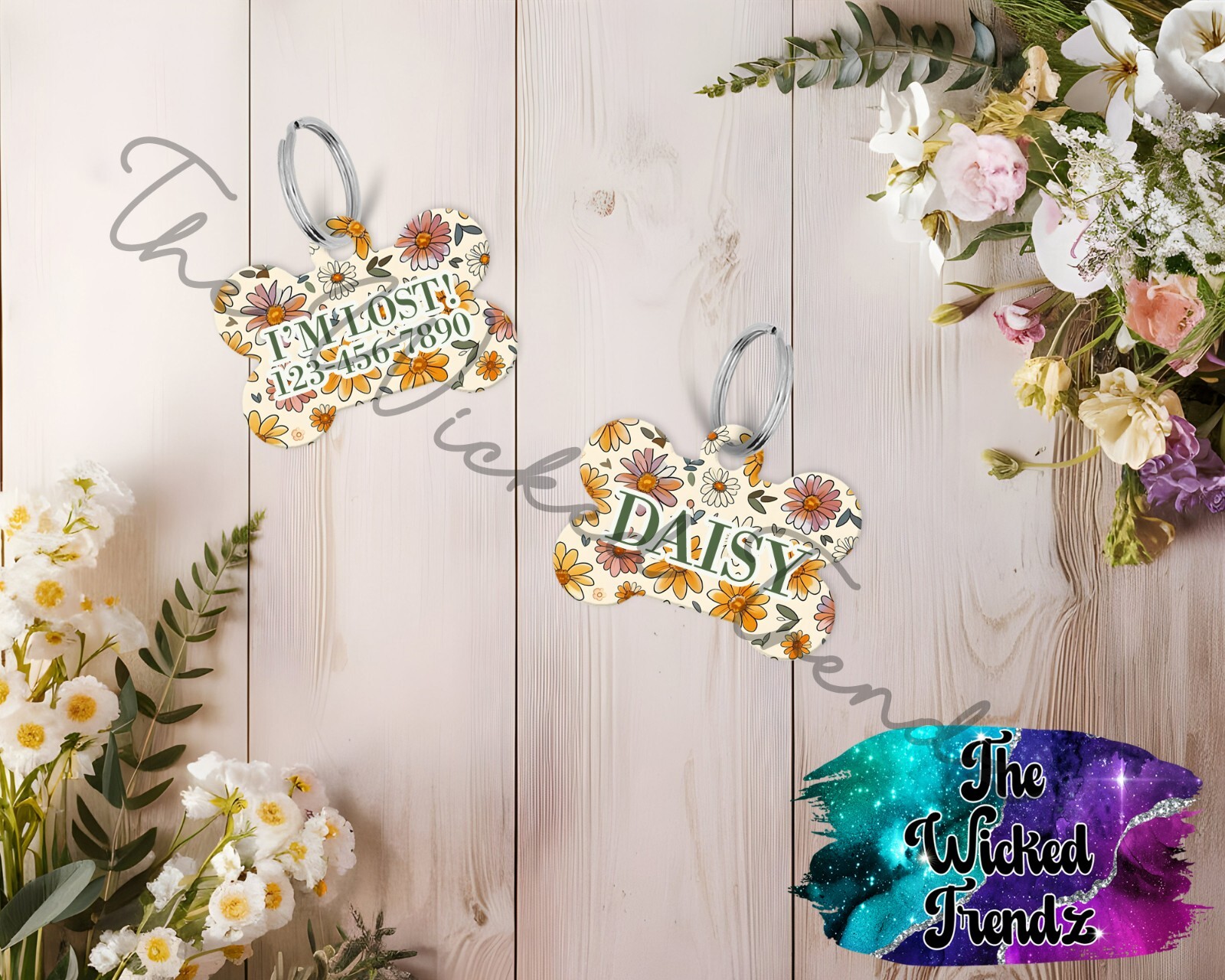 Cute Floral Daisy Flowers Girl Dog Custom Personalized Pet Dog Name ID Tag