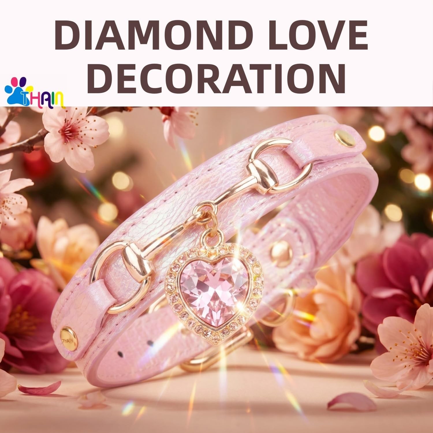 THAIN Fashion Dog Collar with Bling Diamonds & Heart Charm – 5 Holes Adjus