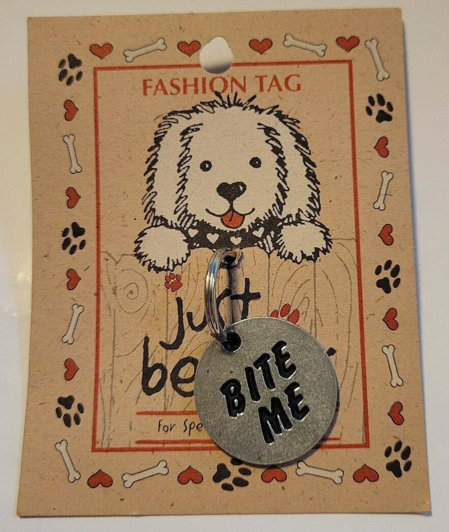 VINTAGE DOG COLLAR PEWTER TAG “BITE ME” NEW CARDED JUST BEPAWS