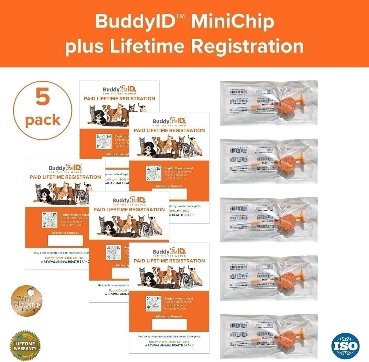 Buddy ID Pet Microchip Plus Lifetime Registration 5 Pack