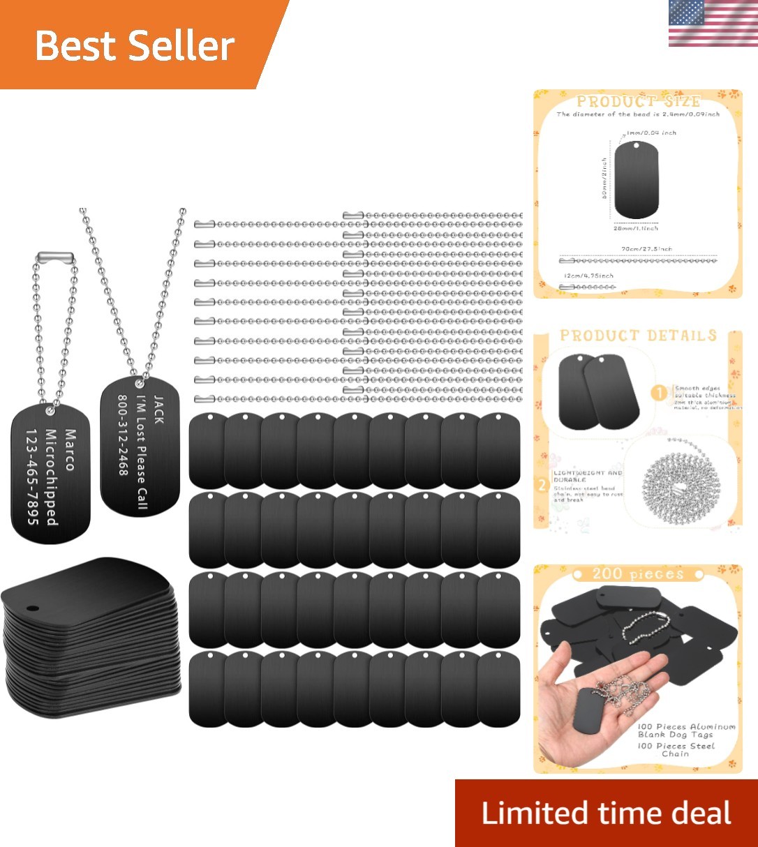 200 Pcs Personalized Military Dog Tags Set – 100 Durable Aluminum Tags & Chains